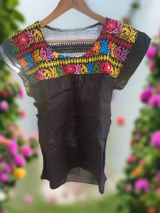 One of a Kind Mexican Printed Mexican Floral Design Peasant Top Cotton  Black - One Size (S-M)