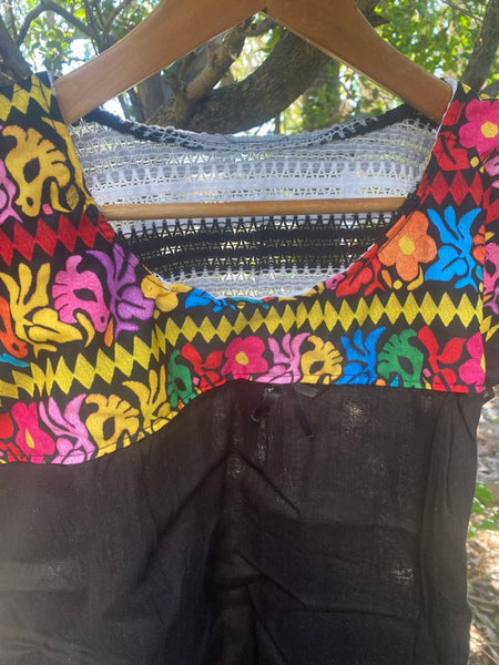 One of a Kind Mexican Printed Mexican Floral Design Peasant Top Cotton  Black - One Size (S-M)