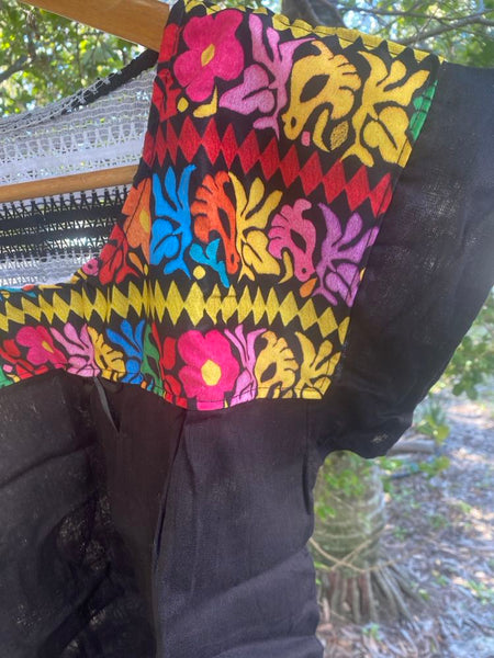 One of a Kind Mexican Printed Mexican Floral Design Peasant Top Cotton  Black - One Size (S-M)