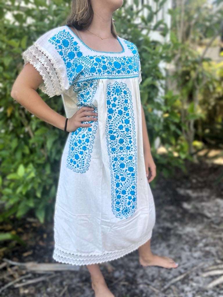 Artisanal Adult Hand Embroider Mexican Dress: Organic Cotton Boho - Blue Theme