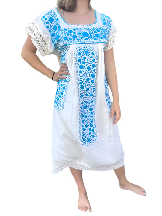 Artisanal Adult Hand Embroider Mexican Dress: Organic Cotton Boho - Blue Theme