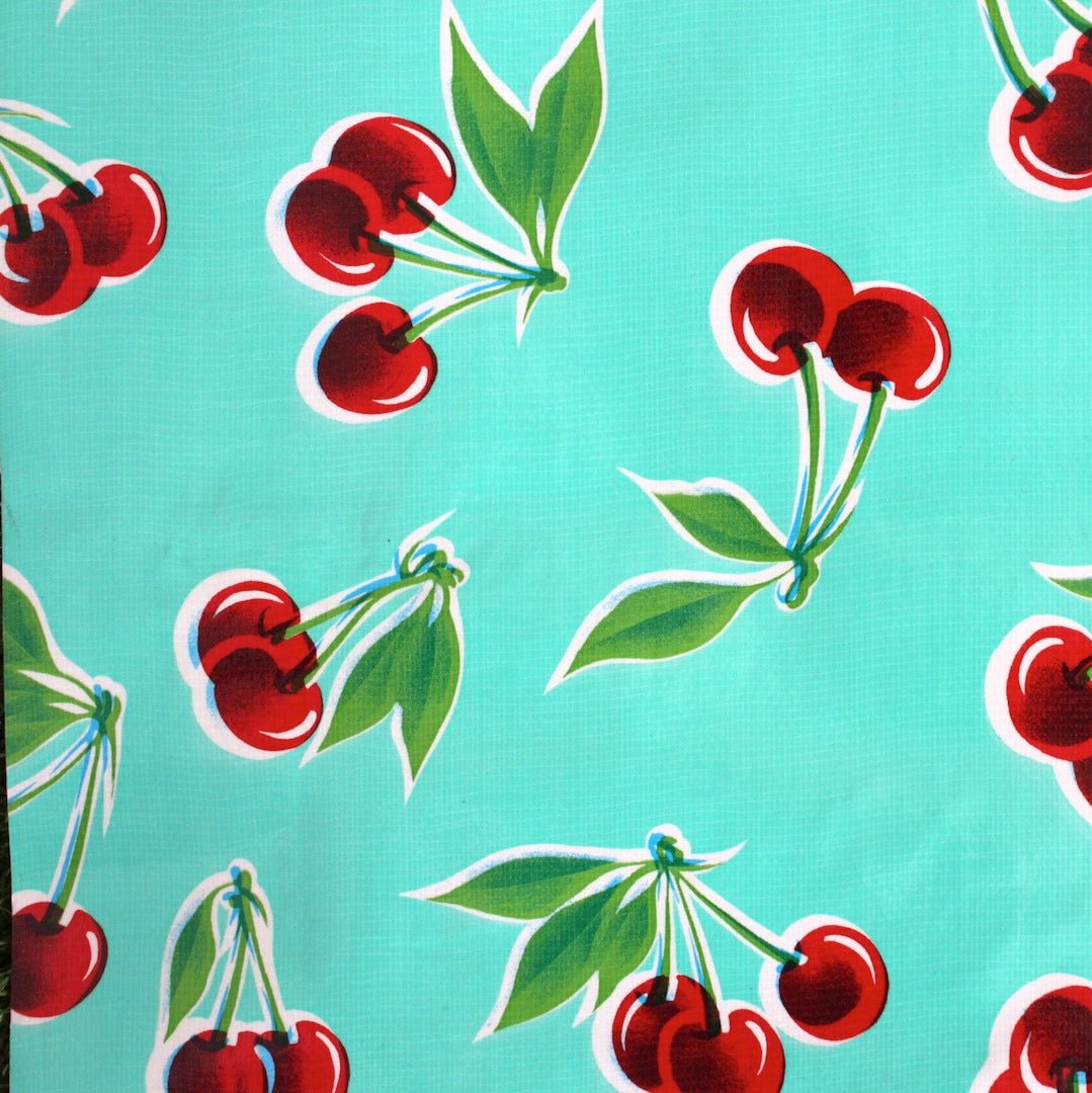 Mexican Oilcloth Fabric Turquoise Cherries **Off Cuts**