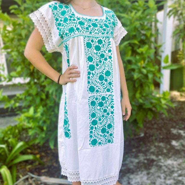 Artisanal Adult Hand Embroider Mexican Dress: Organic Cotton Boho - Blue Theme