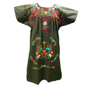 Adult Dress: Olive Green Mexican Embroided Boho