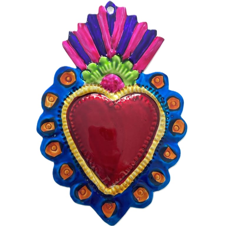 Mexican Tin Hearts - Pink Purple Green Flower Top