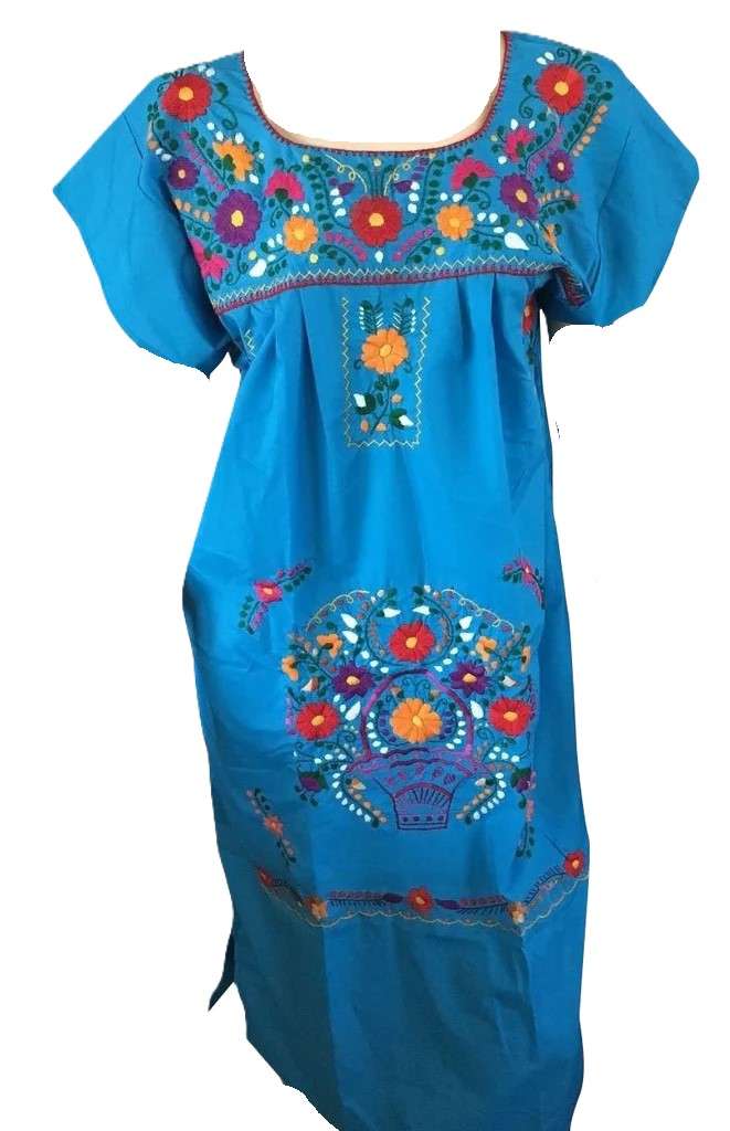 Adult Dress: Teal Blue Mexican Embroided Boho