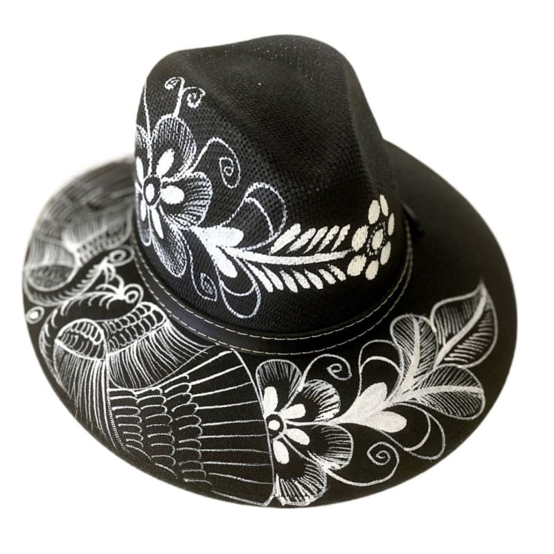 Mexican Artisanal Hat Hand Painted Fedora Style - Black