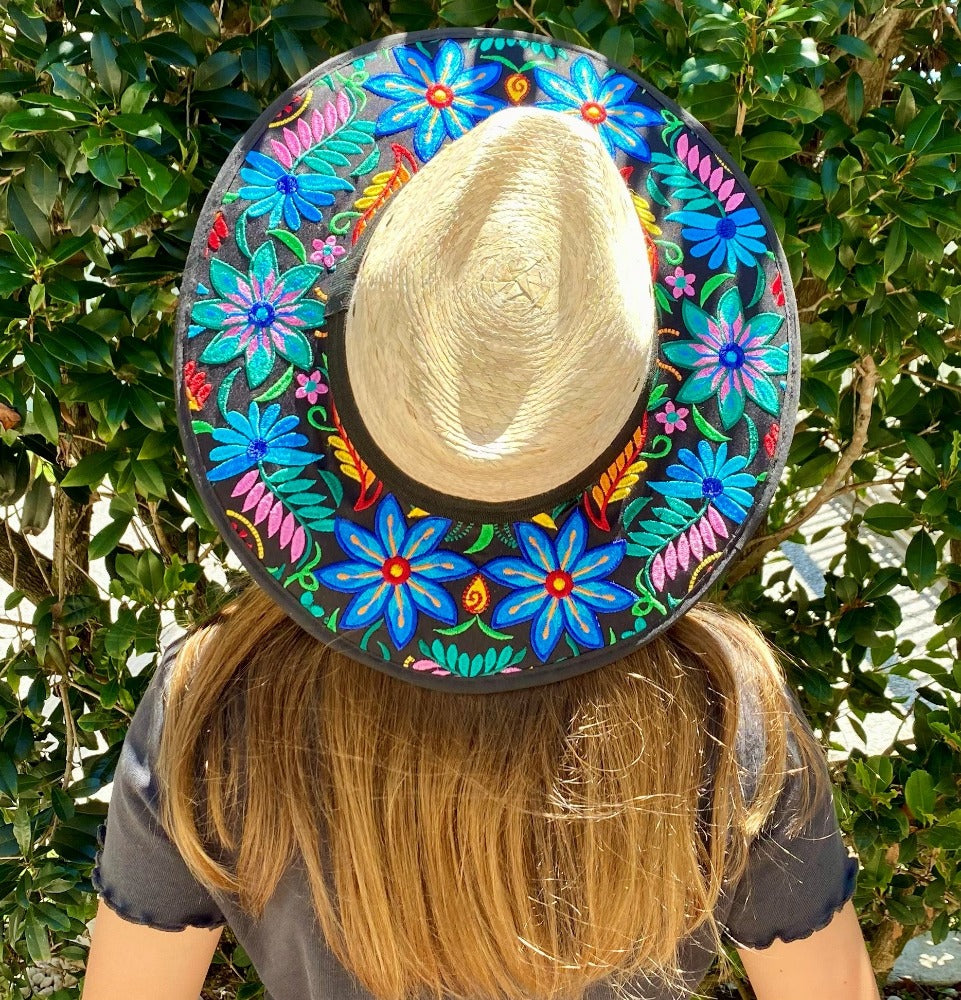 Mexican Artisanal Hat Embroidered Floral Fedora Style - Blue Flowers