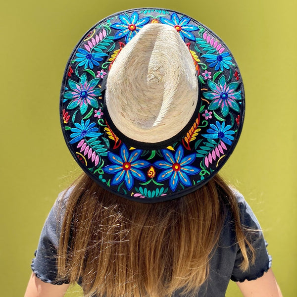 Mexican Artisanal Hat Embroidered Floral Fedora Style - Blue Flowers