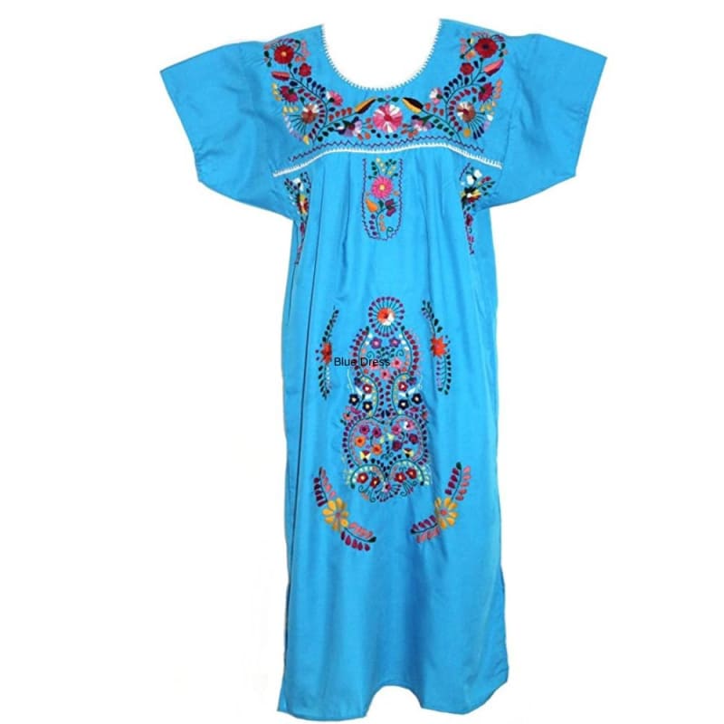 Adult Dress: Blue Mexican Embroided Boho Traditional Embroidered ...